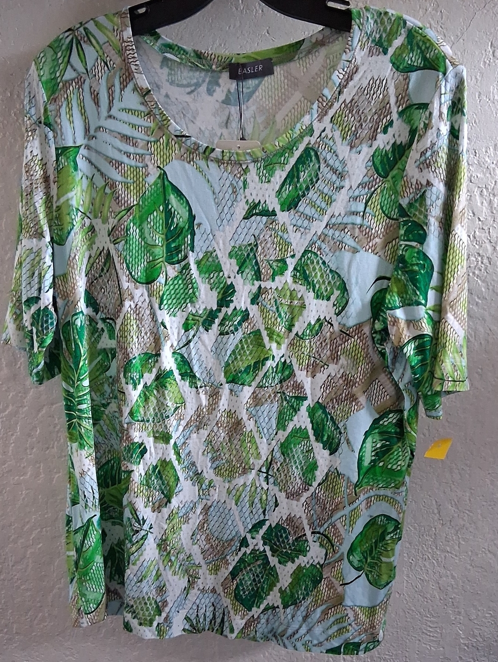 Basler Green and Light Blue Leaf-Print Short Sleeve Top